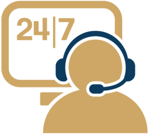 Illustration of an OnView monitoring and dispatch agent wearing a headset beside a 24/7 display.