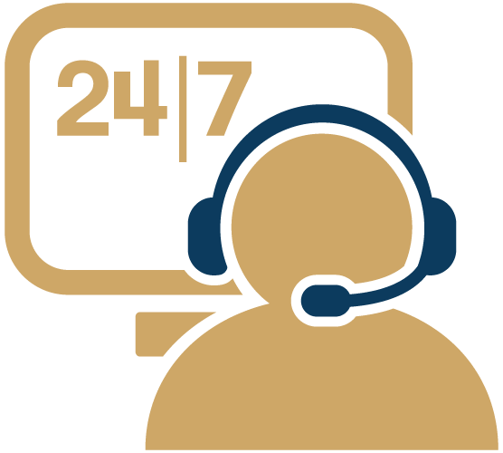 Illustration of an OnView monitoring and dispatch agent wearing a headset beside a 24/7 display.