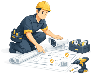 Technician reviewing security system plans and preparing to install a surveillance camera.