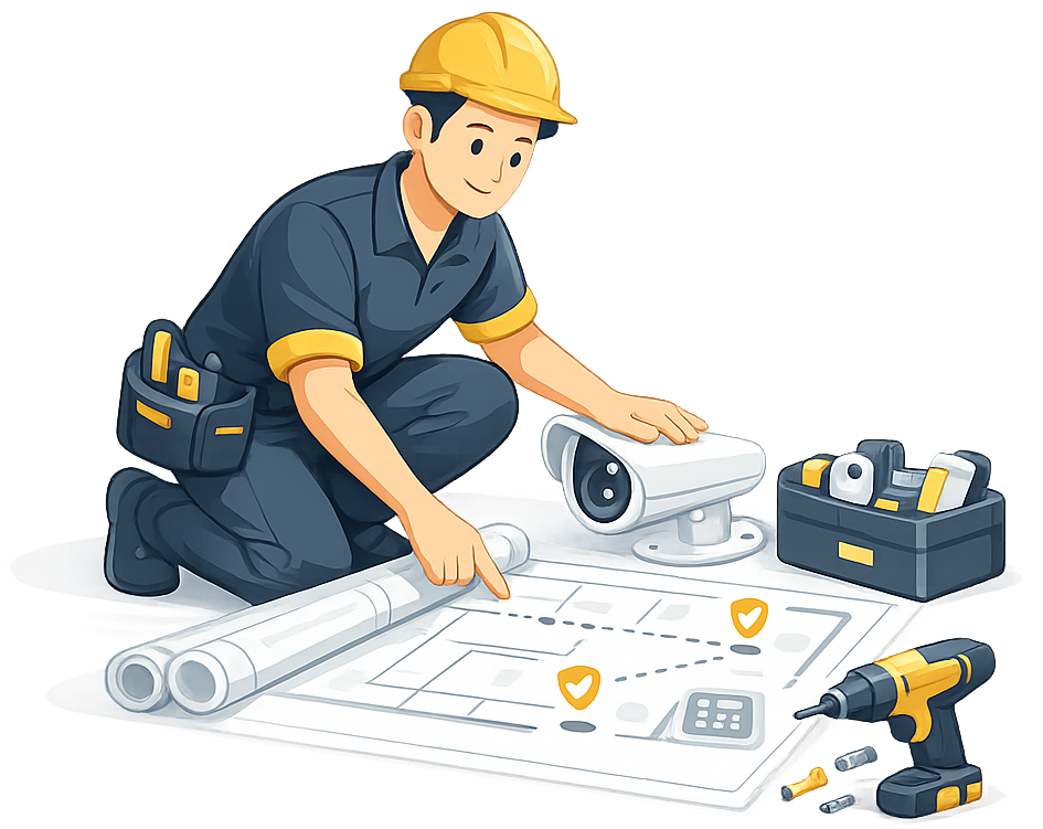 Technician reviewing security system plans and preparing to install a surveillance camera.