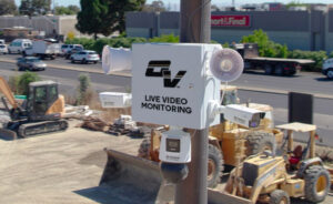 OnView Active Deterrent Unit with surveillance cameras and speakers overlooking an active construction site.