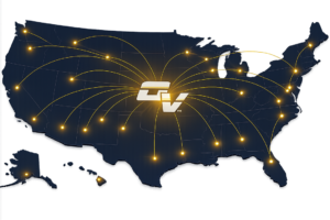 Illustrated United States map with the OnView logo connected by gold lines to illuminated locations nationwide.