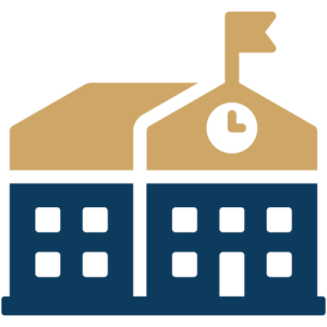 School building with flag and clock icon representing OnView security solutions for educational campuses.