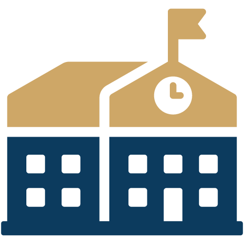 School building with flag and clock icon representing OnView security solutions for educational campuses.