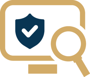 Surveillance screen with shield and magnifying glass icon representing OnView security event verification.