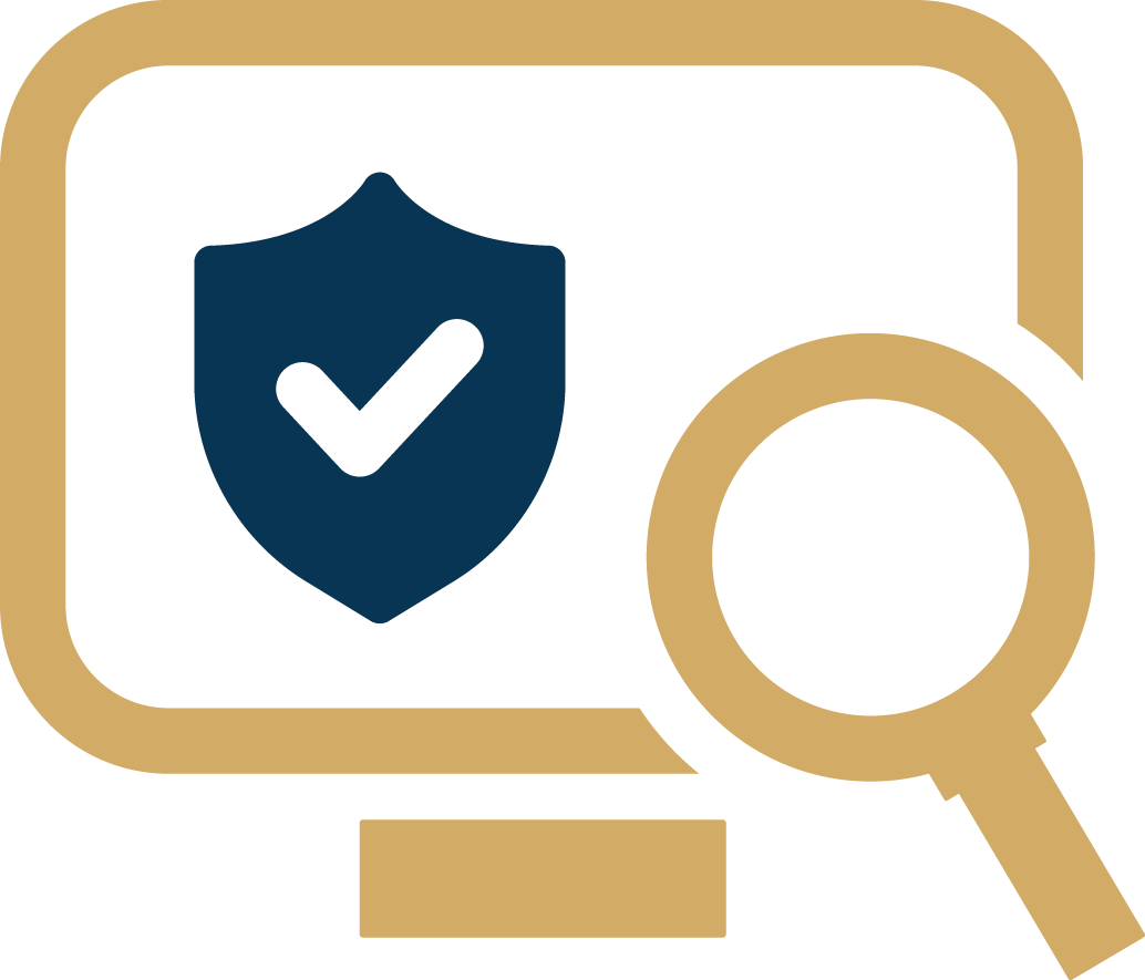 Surveillance screen with shield and magnifying glass icon representing OnView security event verification.