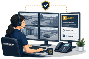 Illustration of an OnView monitoring agent reviewing surveillance camera feeds and a motion detection alert.