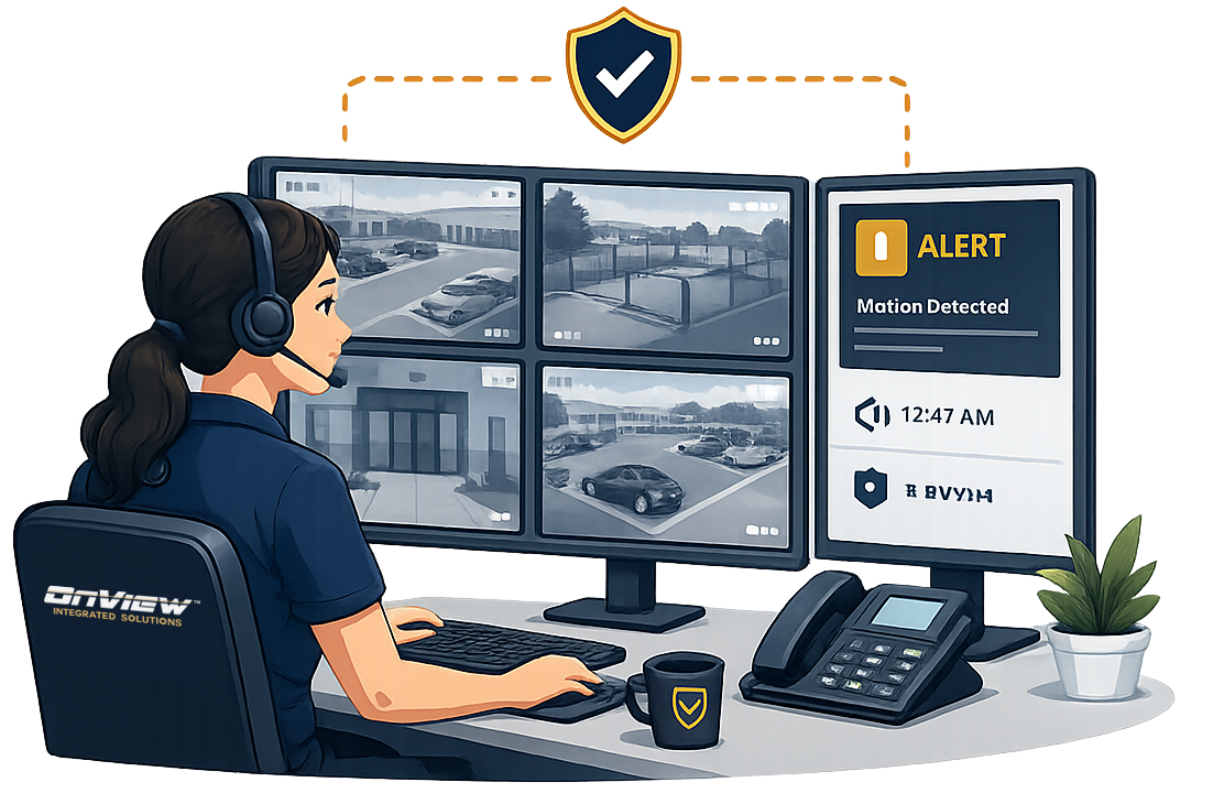 Illustration of an OnView monitoring agent reviewing surveillance camera feeds and a motion detection alert.