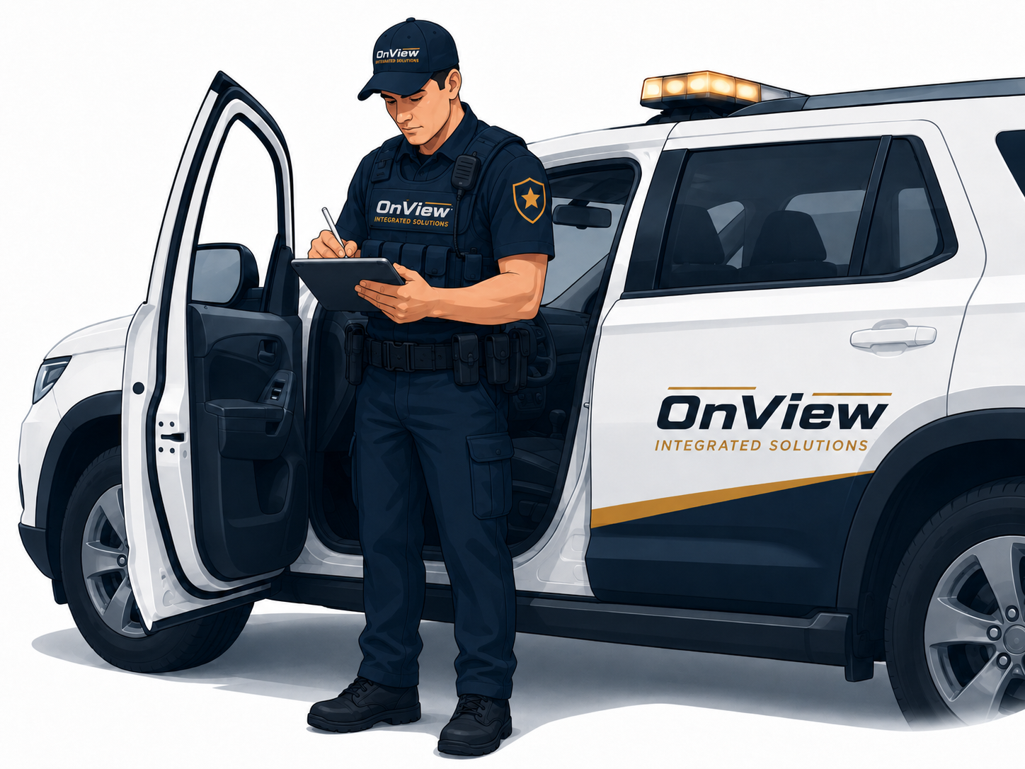 OnView security guard documenting an incident on a tablet beside a marked patrol vehicle.